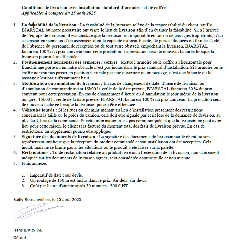 Conditions de livraison avec installation standard d’armoires et de coffres Applicables à compter du 15 août 2025